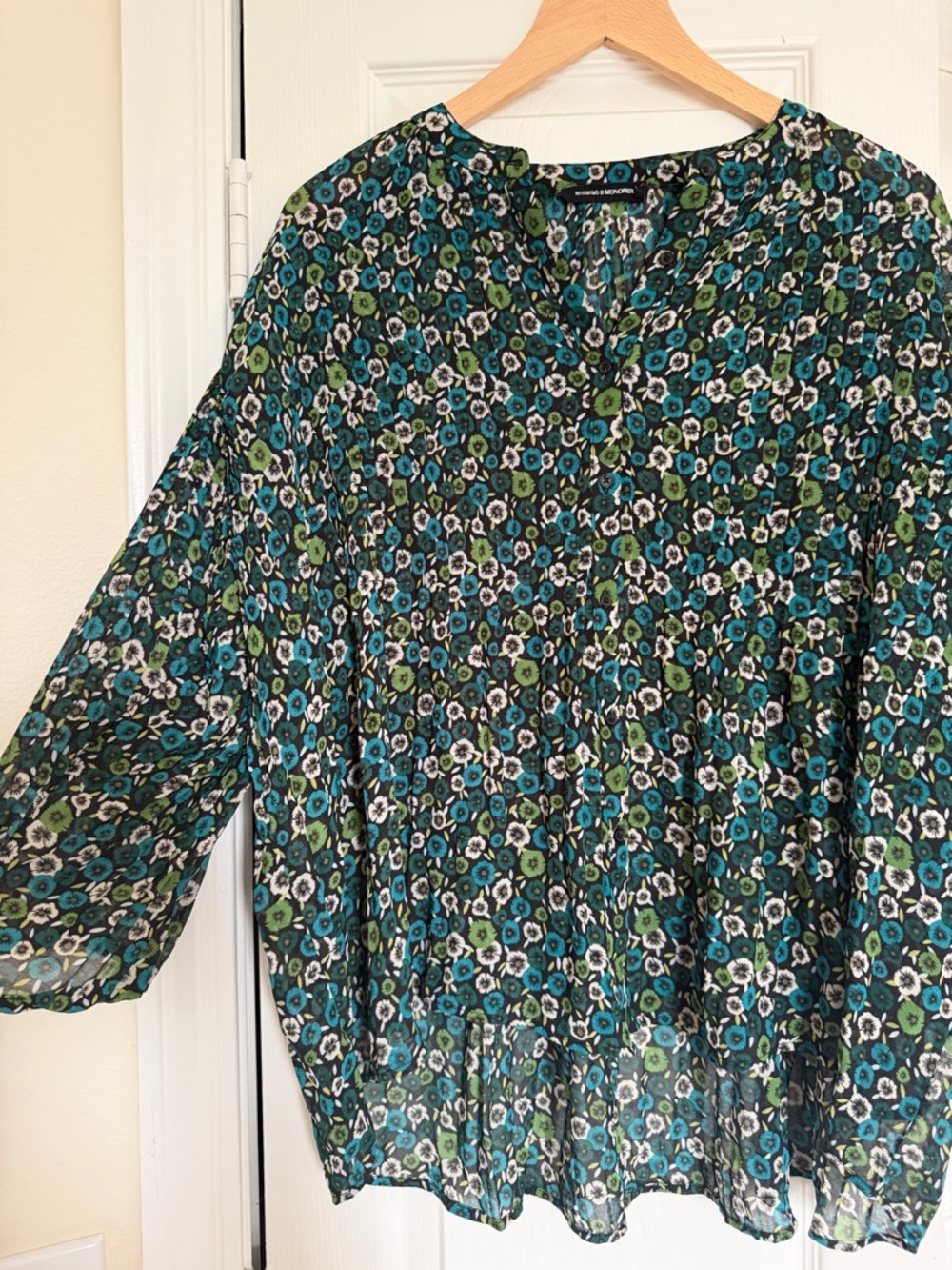 Monoprix Green & Teal Floral Split-Neck Blouse
